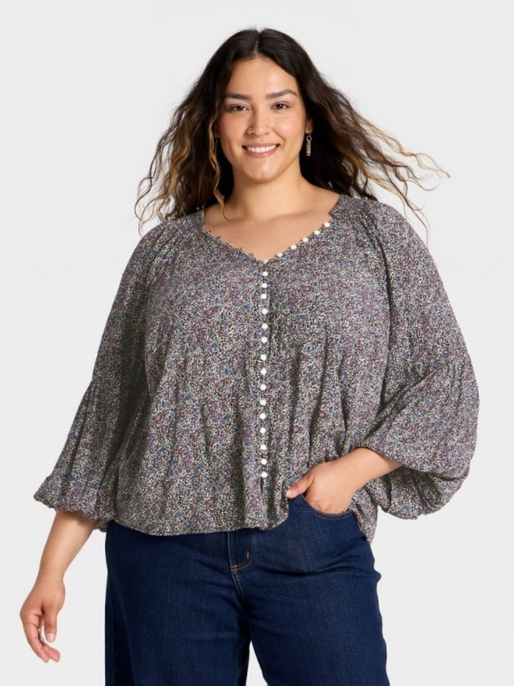 New! Women's Balloon Long Sleeve Front Button-Down Blouse - Navy, Size XXL